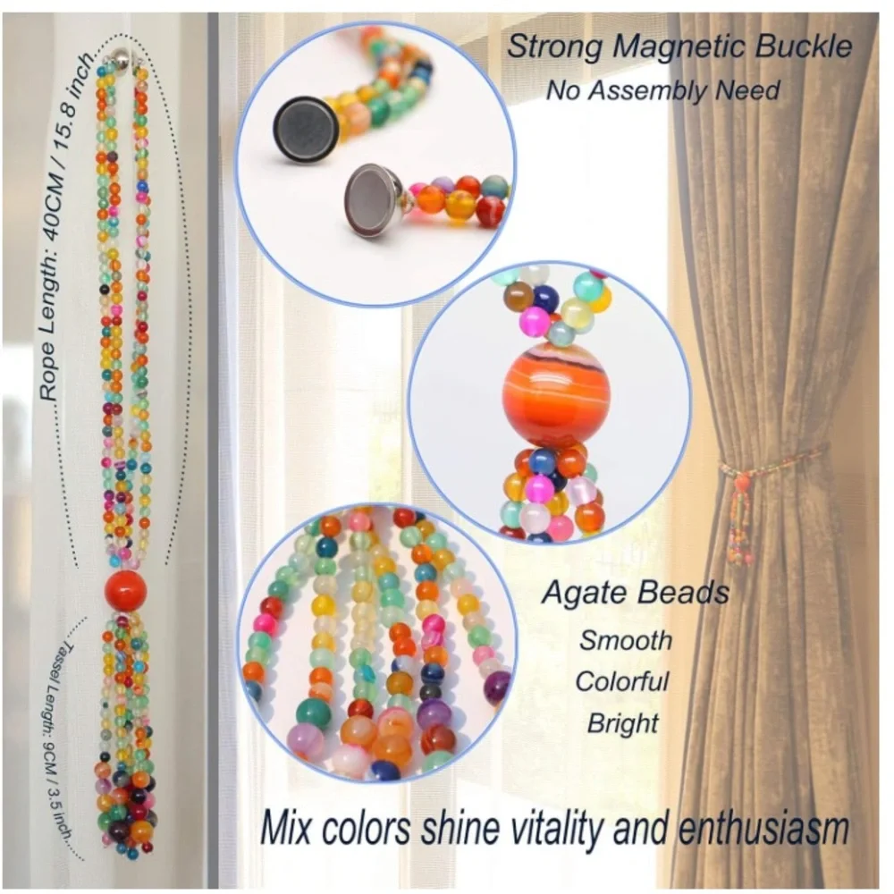 PEDOBO PRE-LOVED MAGNETIC 2 CURTAIN TIEBACKS AGATE BEADS CURTAIN/DRAPE TIES
